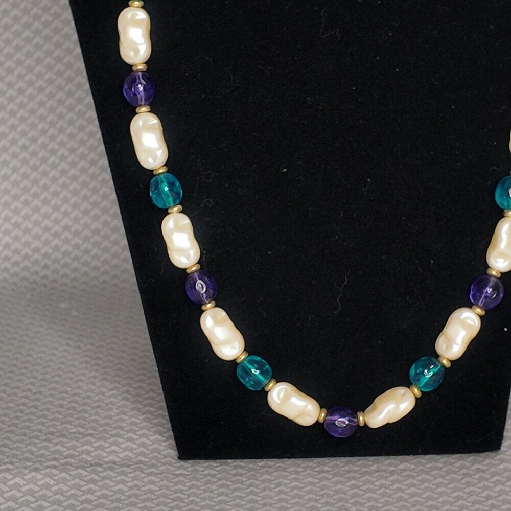 TRIFARI TM Vintage Faux Baroque Pearl Necklace with Turquoise & Purple Beads - Picture 2 of 10